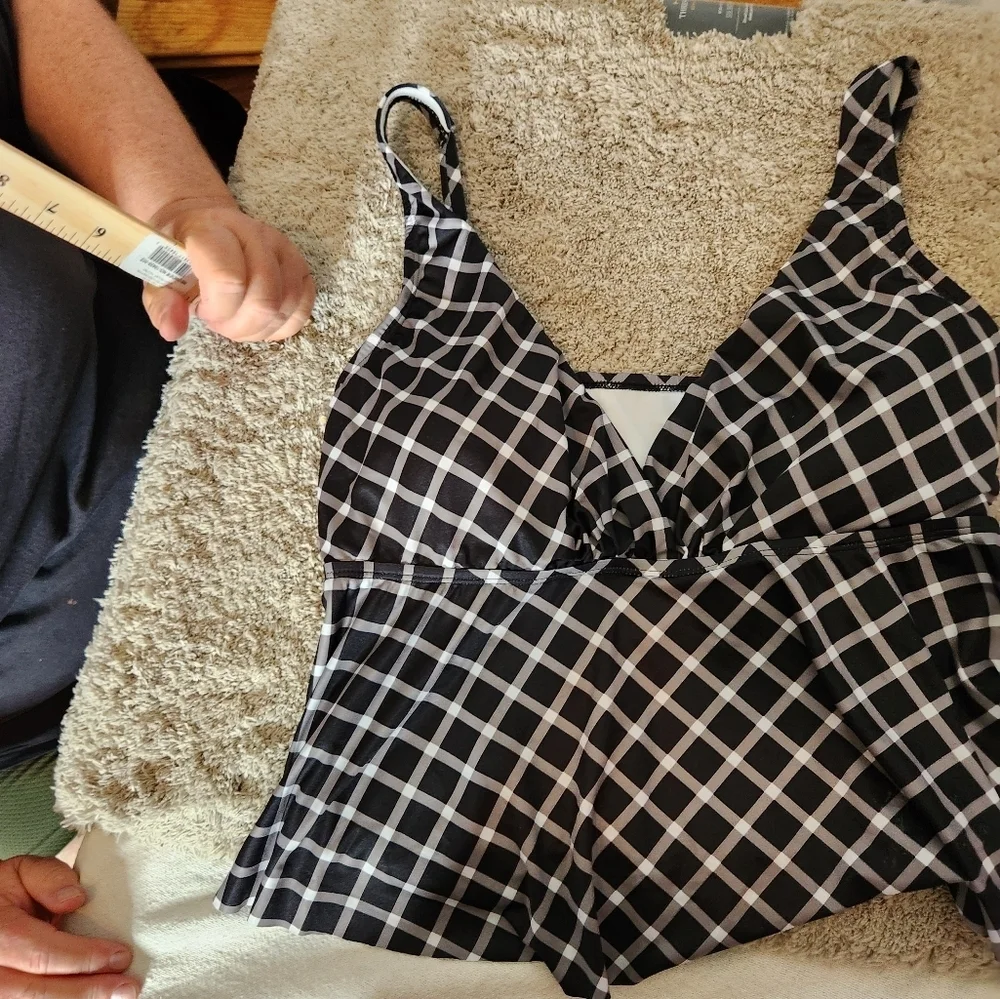 Kona Sol Cropped Tankini Top Plaid Black White